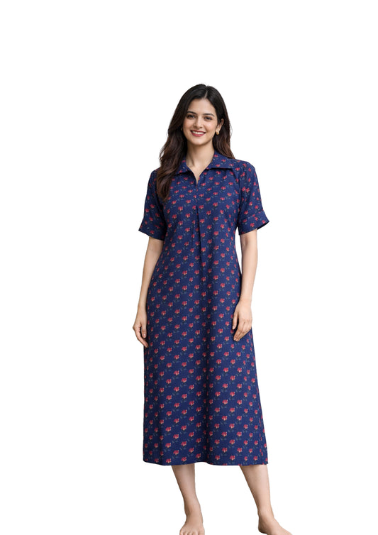 Western Collared Dress – Navy Blue Floral Print A-Line for casual