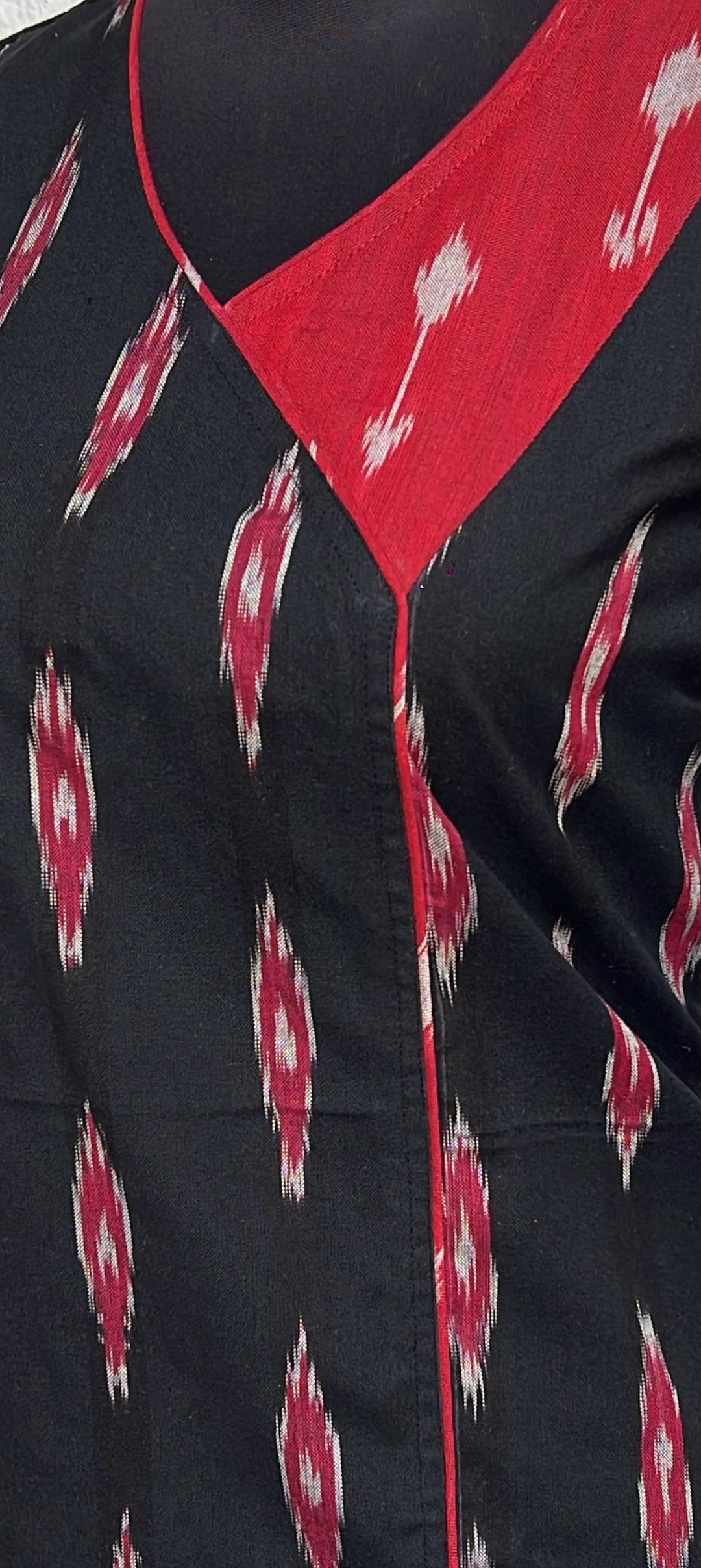 Women's Tunic Tops / Short Top with Black base with Red/Maroon and Off-White/Pink in the Ikat motifs