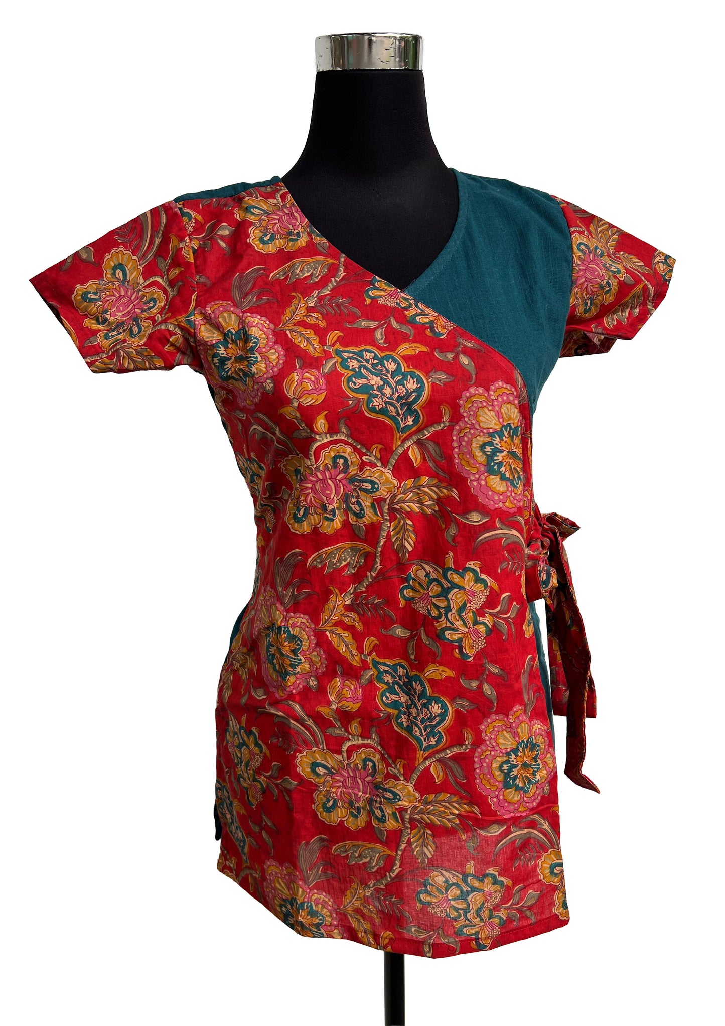 Women's Rich Rust Red background for the print, with vibrant Gold/Yellow and Deep Green/Teal in the motifs Tunic Top / Short Kurti