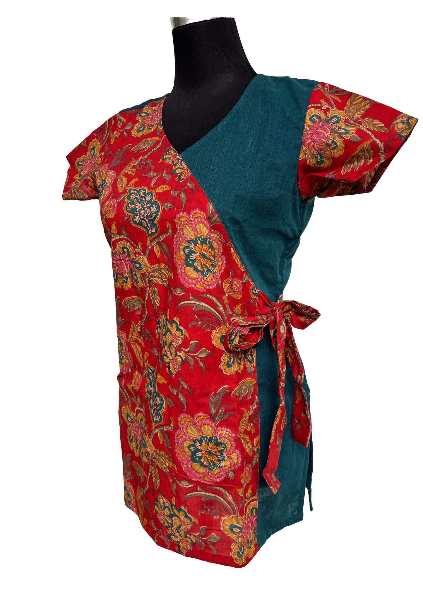 Women's Rich Rust Red background for the print, with vibrant Gold/Yellow and Deep Green/Teal in the motifs Tunic Top / Short Kurti
