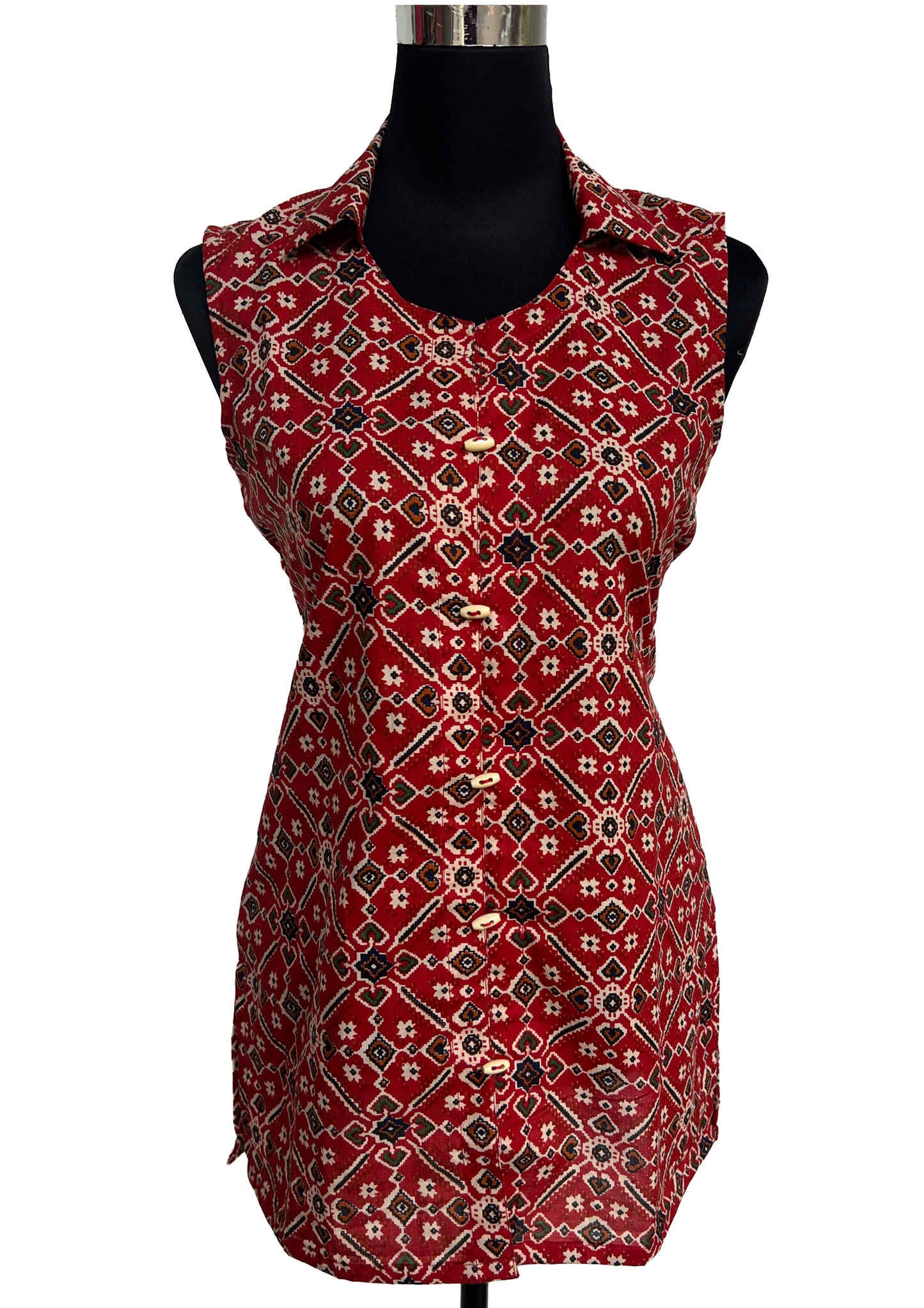 Women’s Red Printed Sleeveless Ethnic Top | Straight Fit Cotton Short Top