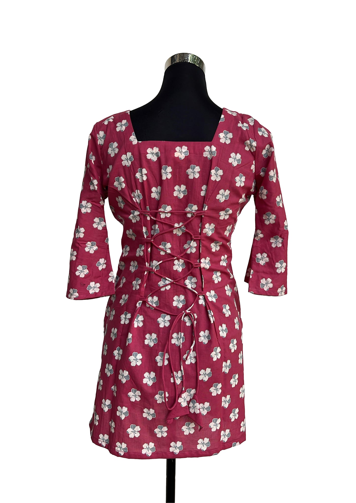 Women’s Maroon Floral Printed Cotton Short Top | Square Neck | 3/4 Sleeves