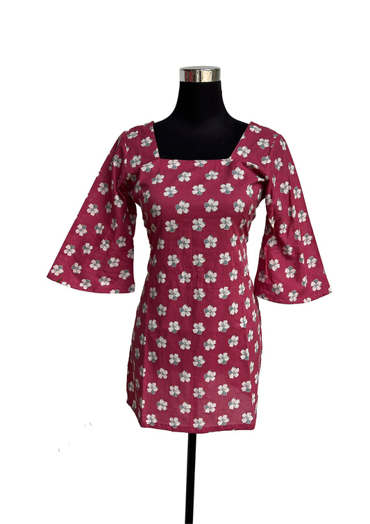 Women’s Maroon Floral Printed Cotton Short Top | Square Neck | 3/4 Sleeves