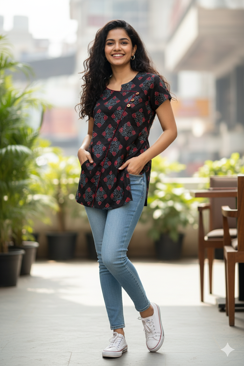 Black Printed Short Kurti/Tunic Top - Block Print