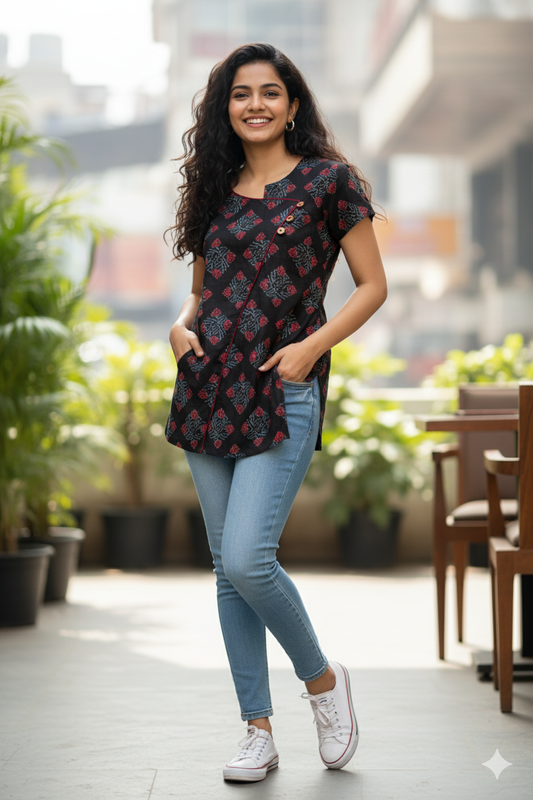 Black Printed Short Kurti/Tunic Top - Block Print
