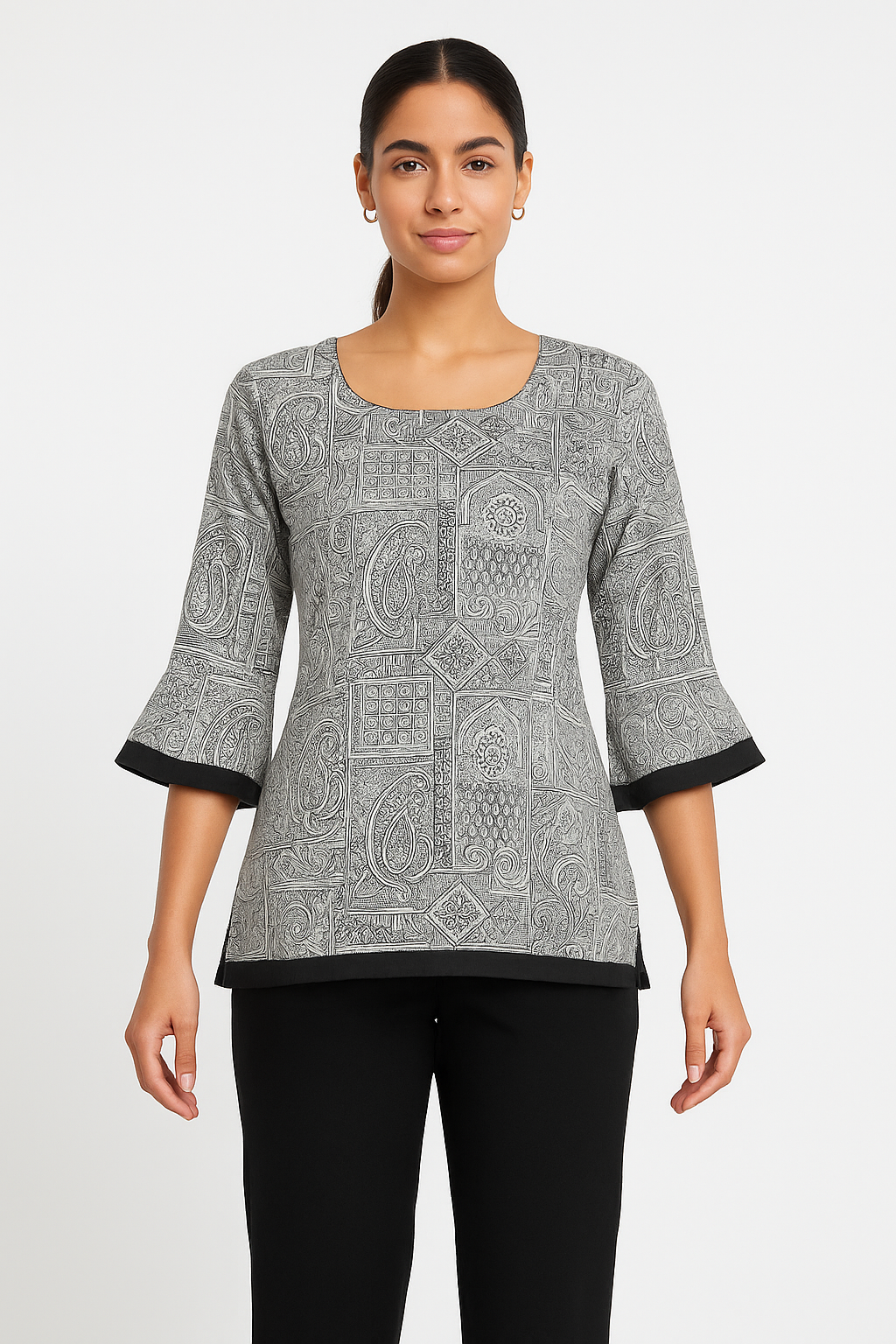 Women's Highly detailed, all-over Monochromatic Ethnic/Geometric Print, Light Grey and White with Black Solid Slleve Cuff Tunic Top/ Short Top / Short Kurti