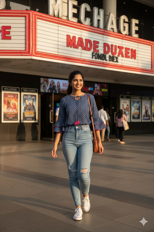 Women's Dot Print in White on a Navy Blue background Short Top