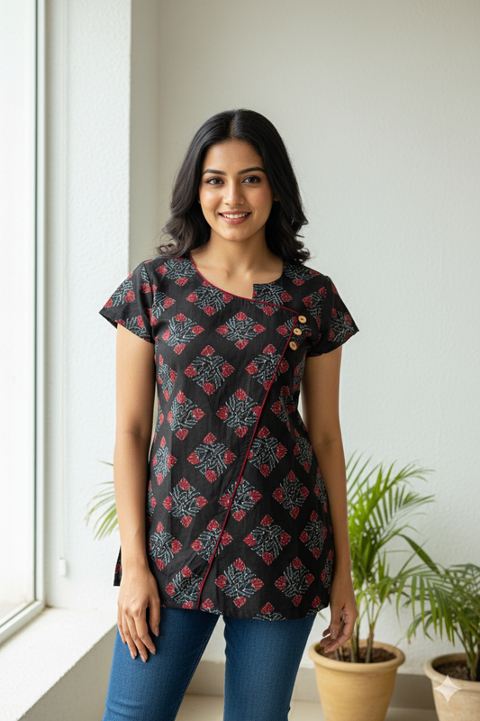 Women's Distinctive geometric and symmetrical print in black and red Tunic Top / Short Top /Short Kurti