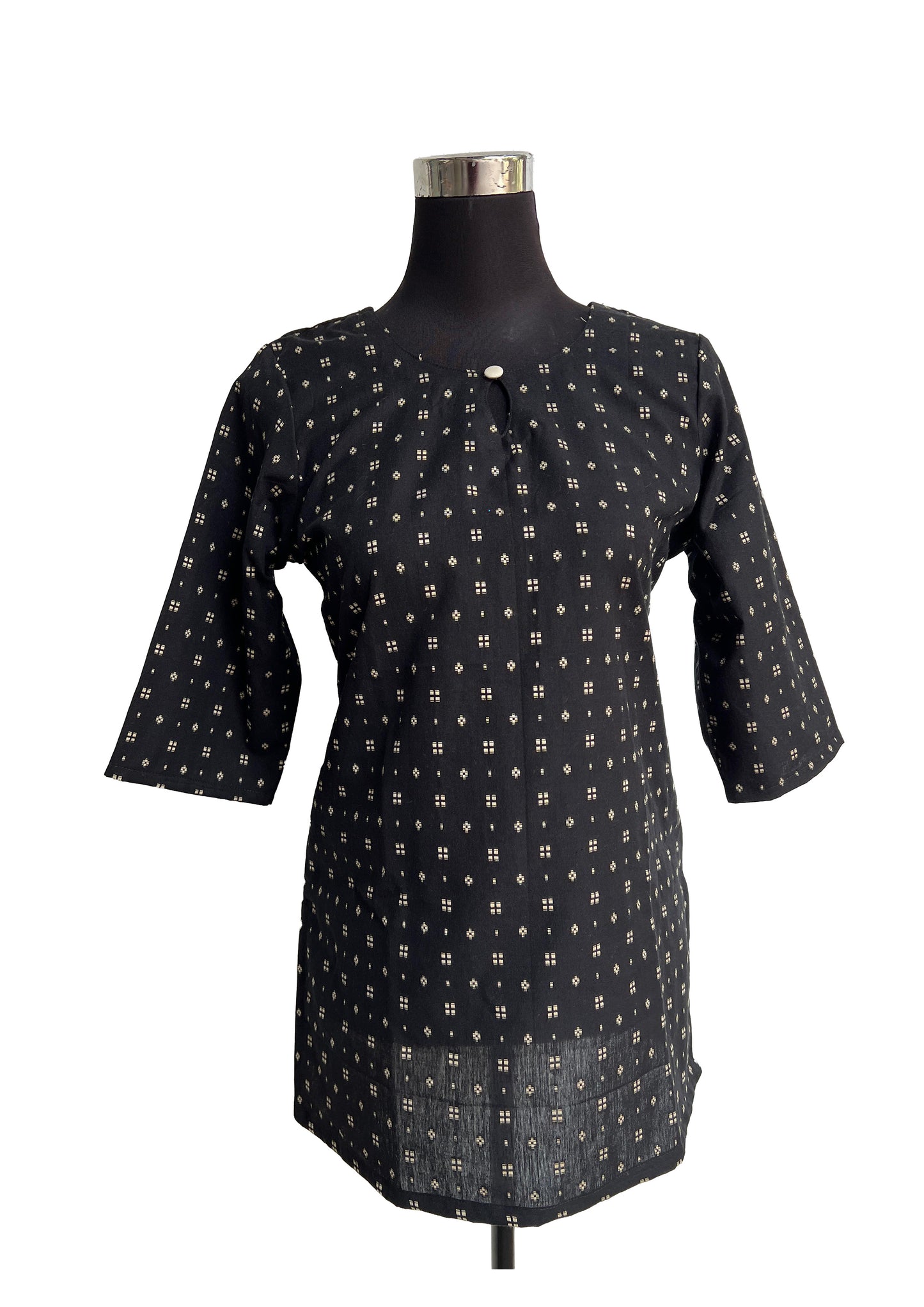 Womens Classic Black base with Gold or Beige/Khaki accents in the print Tunic Top / Short Kurti