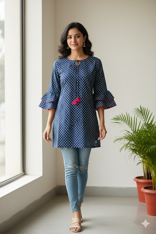 Women's Tunic Top/ Short Top with Navy Blue base and white symmetric print with Ruffle Sleeves