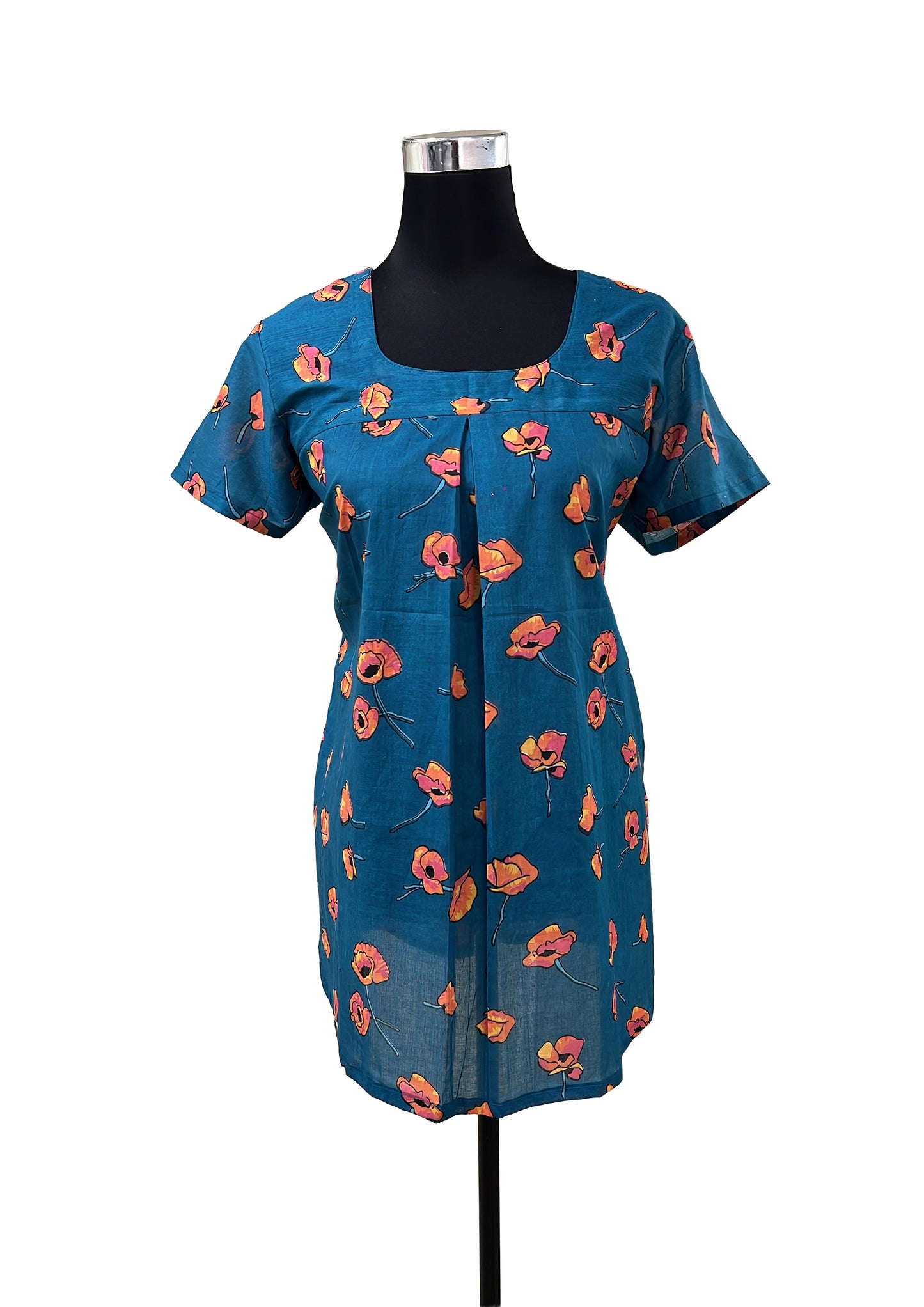 Women's Tunic Top / Short Top with Bold, Large Floral Print in Orange/Coral Tones having Teal Blue Base.