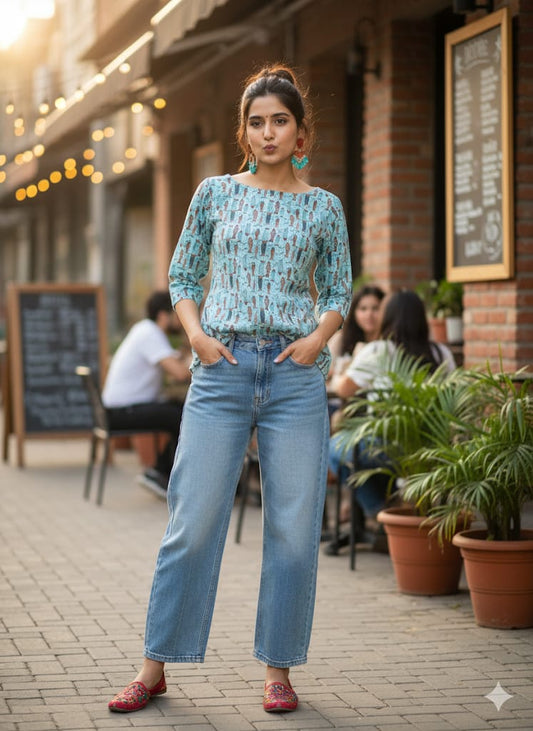 Women's Refreshing Aqua Blue with Multicolor Print Tunic Top/Short Top