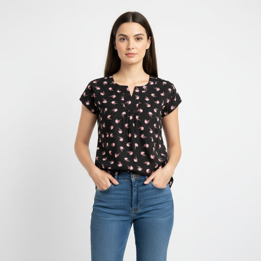 Women's Black Floral V-Neck Tunic Top / Short top