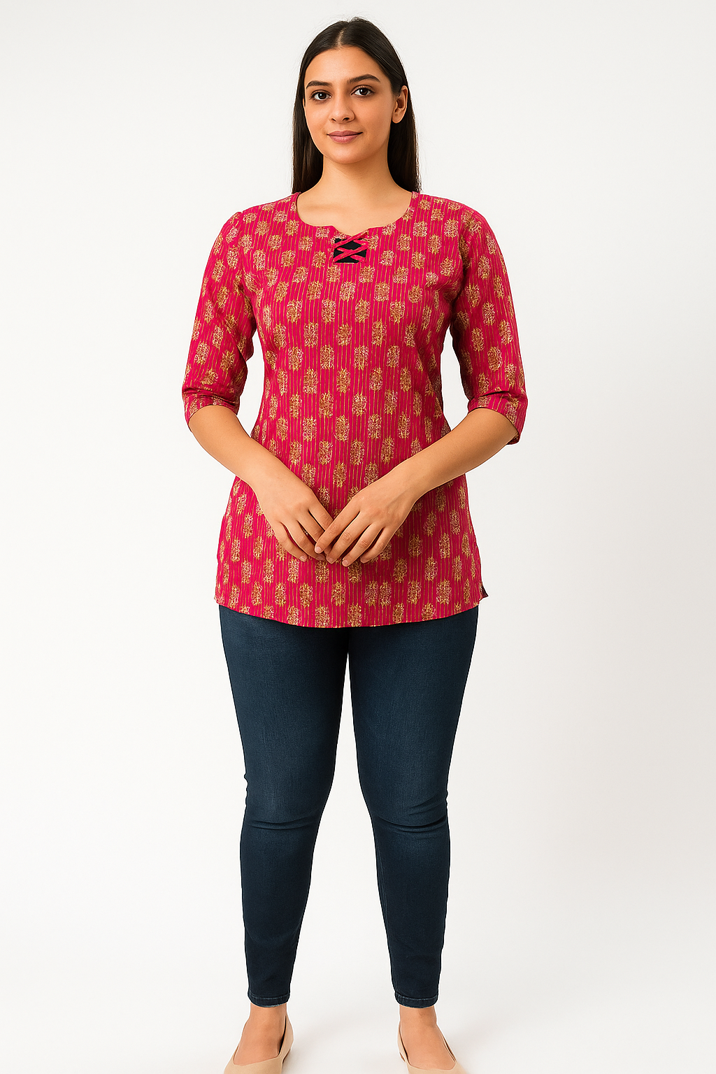 Red & Gold Block Print Cotton Tunic Top / Kurti with 3/4 Sleeves