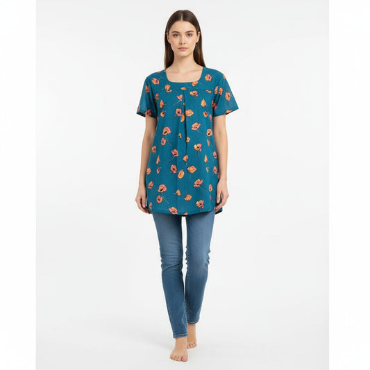 Women's Tunic Top / Short Top with Bold, Large Floral Print in Orange/Coral Tones having Teal Blue Base.