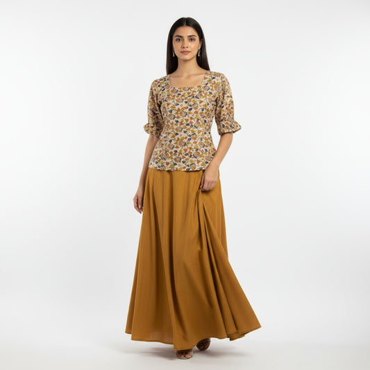 Women's Neutral Yellow Base with Multicolor Vintage Floral Print Tunic Top / Short Top