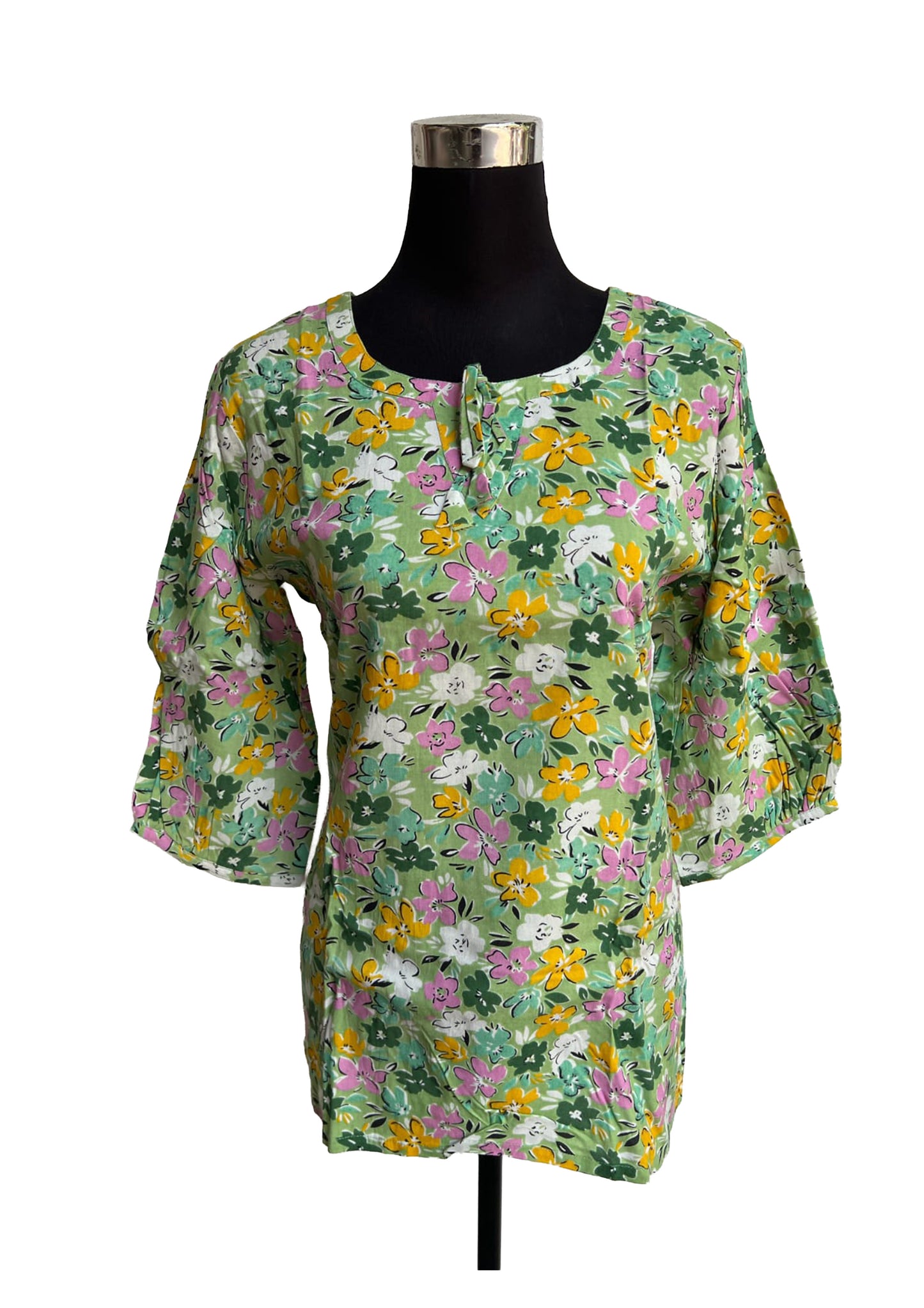 Women’s Green Floral Printed Top | 3/4 Sleeve Casual Wear Short Top | Round Neck Comfort Fit Top