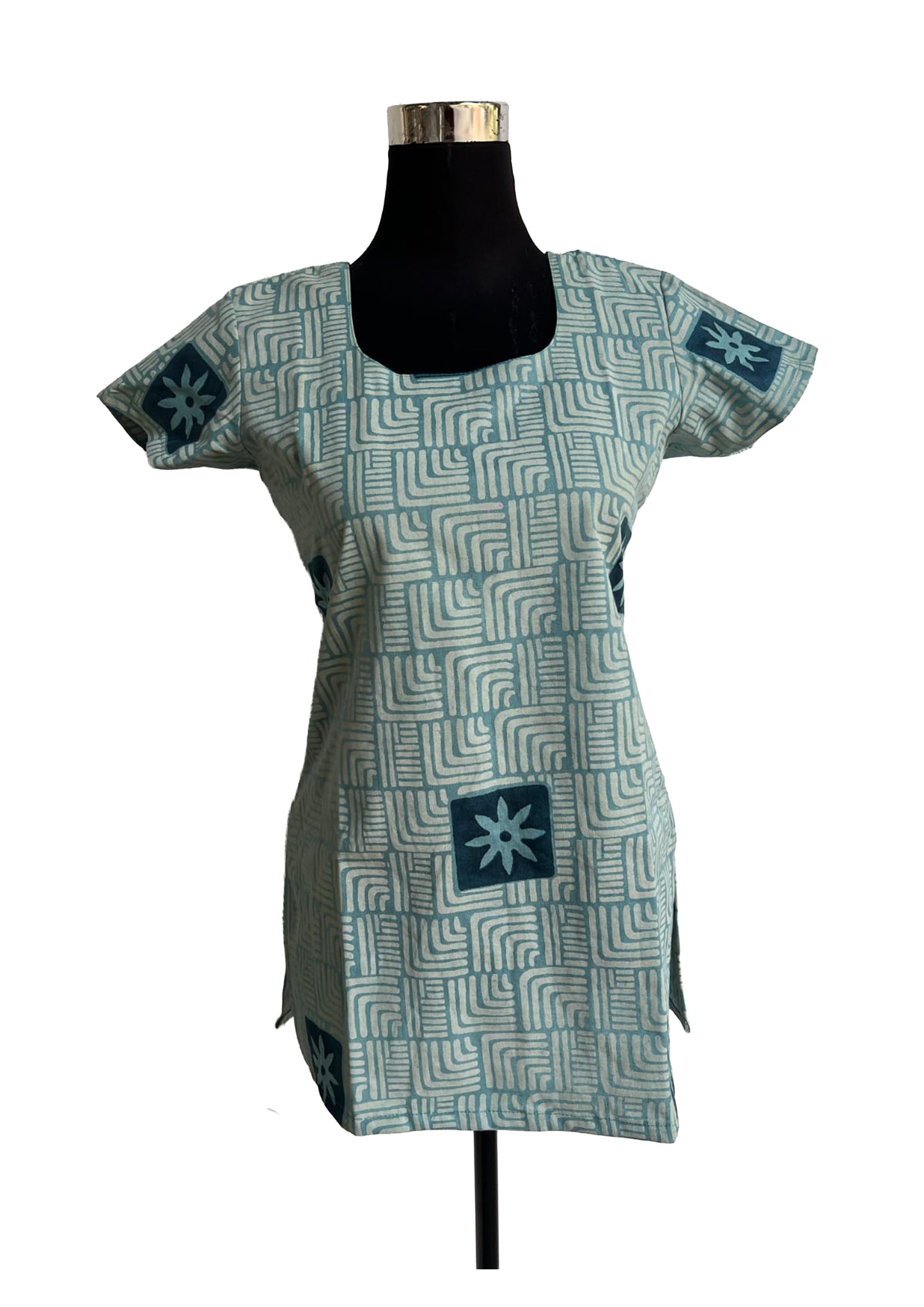 Women's Sage & Teal Geometric Block Print Short Top
