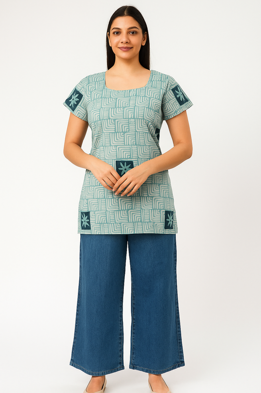 Women's Sage Blue Geometric Tunic Top/ Short Top with Cap Sleeves