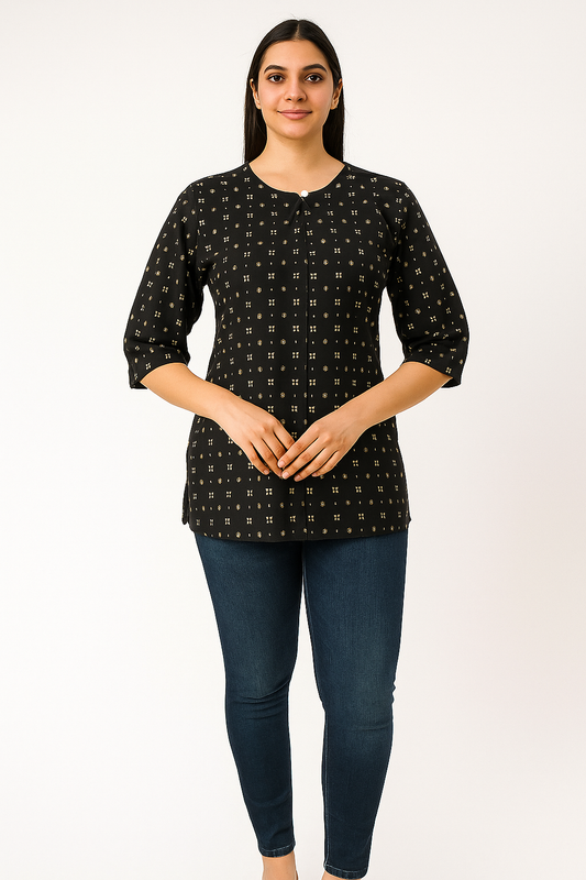 Womens Classic Black base with Gold or Beige/Khaki accents in the print Tunic Top / Short Kurti