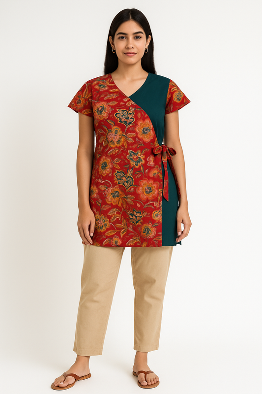 Women's Rich Rust Red background for the print, with vibrant Gold/Yellow and Deep Green/Teal in the motifs Tunic Top / Short Kurti