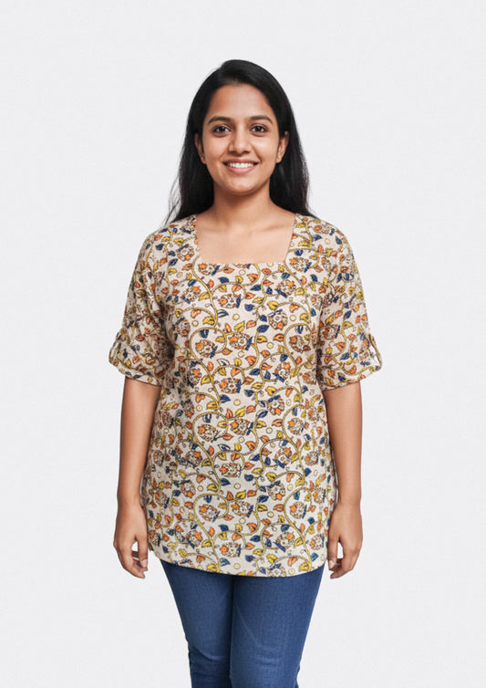 Women's Neutral Yellow Base with Multicolor Vintage Floral Print Tunic Top / Short Top