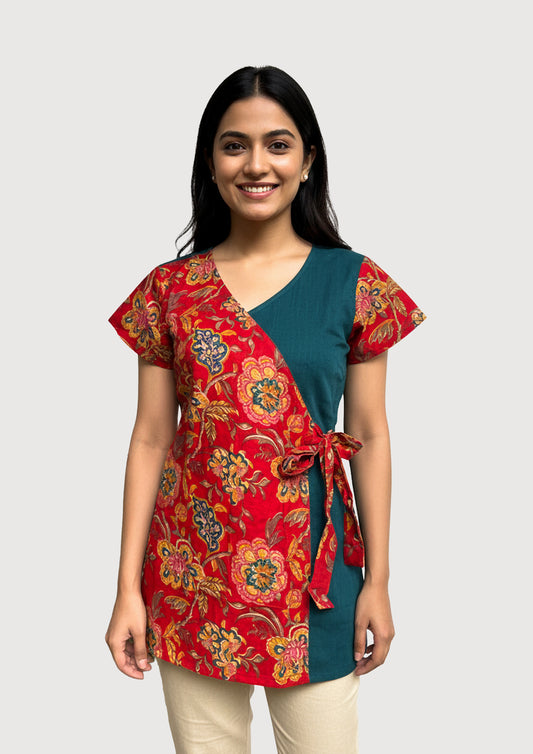 Women's Rich Rust Red background for the print, with vibrant Gold/Yellow and Deep Green/Teal in the motifs Tunic Top / Short Kurti