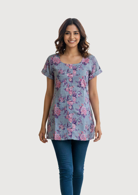 Women's Lavender/Periwinkle Grey base color with Bright Pink/Mauve Short Top / Tunic Top with Short Sleeves