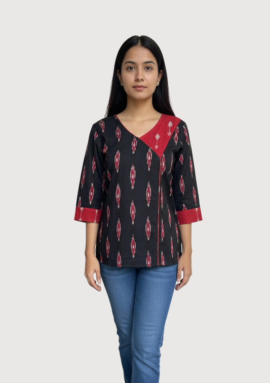 Women's Tunic Tops / Short Top with Black base with Red/Maroon and Off-White/Pink in the Ikat motifs