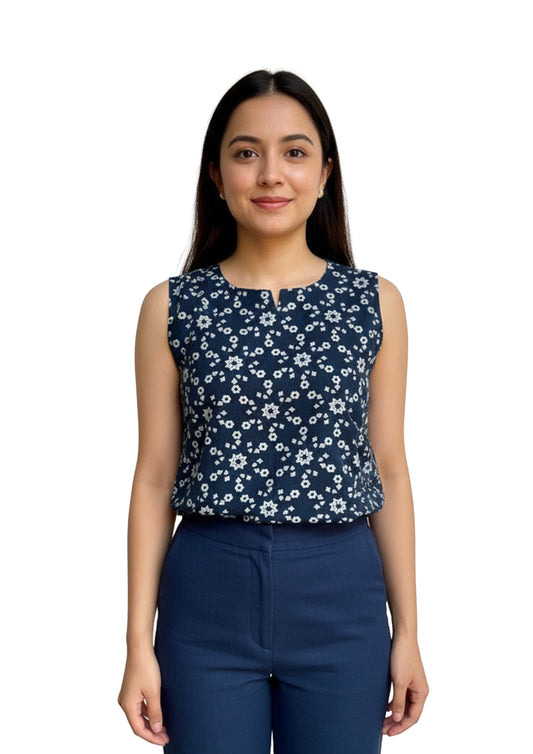 Women’s Navy Blue Printed Sleeveless Short Top | Ethnic Floral Motif | Round Neck Casual Wear Top