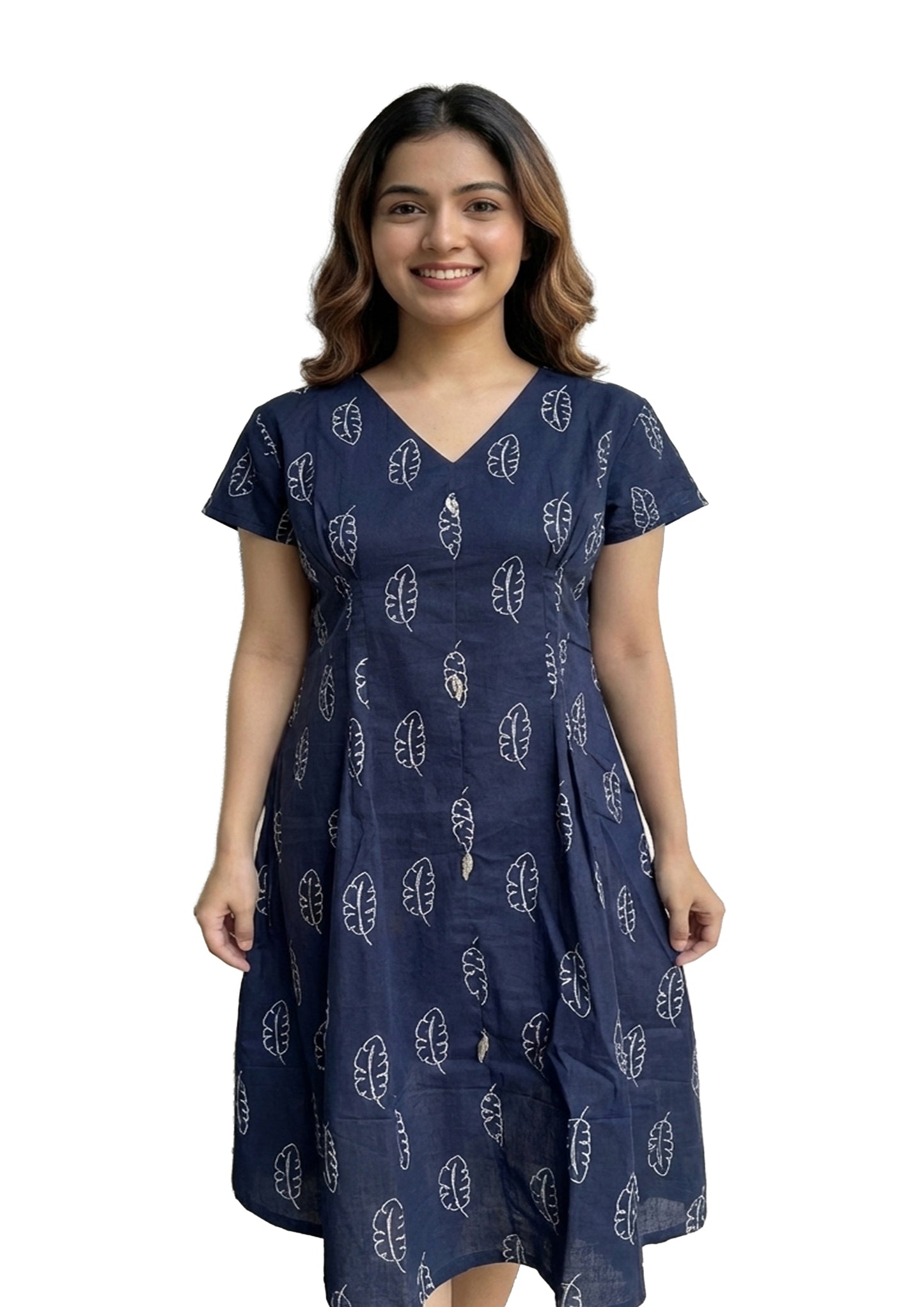 Women’s Navy Blue Printed Cotton One-Piece Dress | V-Neck | Short Sleeves