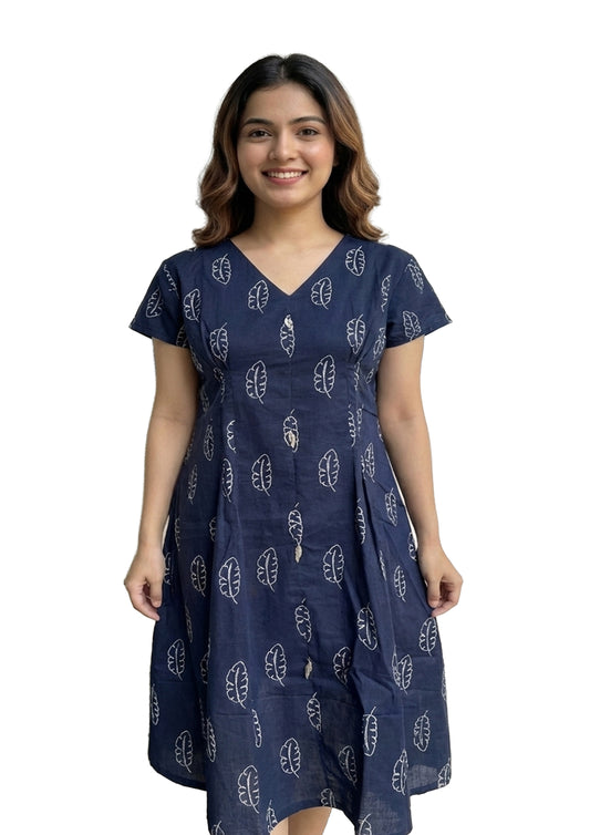 Women’s Navy Blue Printed Cotton One-Piece Dress | V-Neck | Short Sleeves