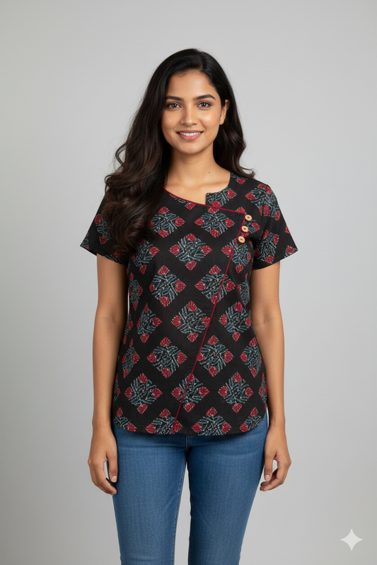 Women's Distinctive geometric and symmetrical print in black and red Tunic Top / Short Top /Short Kurti