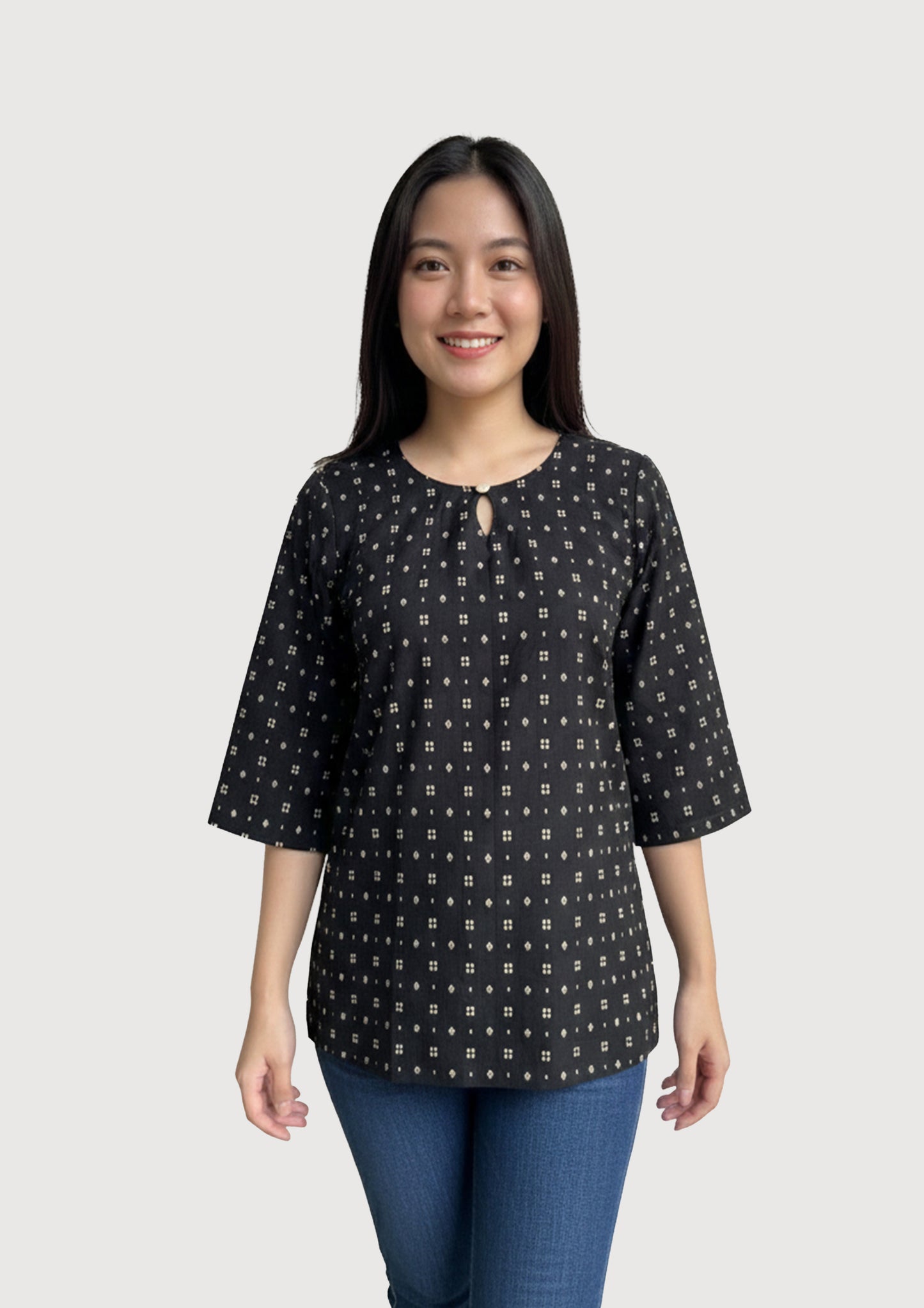 Womens Classic Black base with Gold or Beige/Khaki accents in the print Tunic Top / Short Kurti
