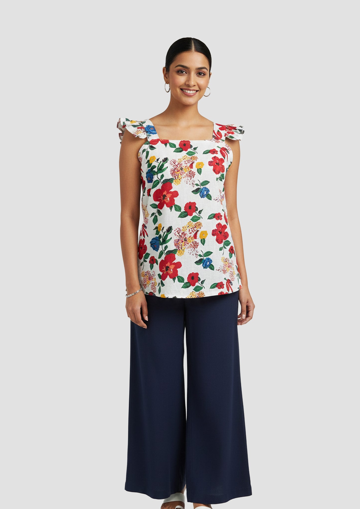 Women’s White Floral Printed Sleeveless Short Top with Ruffled Straps