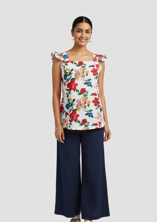 Women’s White Floral Printed Sleeveless Short Top with Ruffled Straps