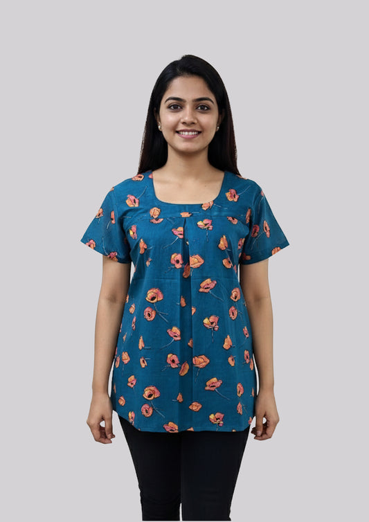 Women's Tunic Top / Short Top with Bold, Large Floral Print in Orange/Coral Tones having Teal Blue Base.