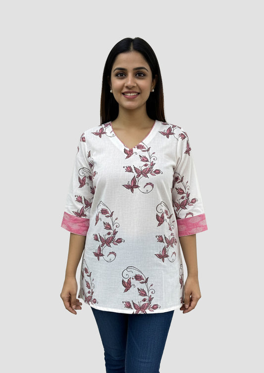 Women’s Off-White Floral Printed Cotton Top with V-Neck