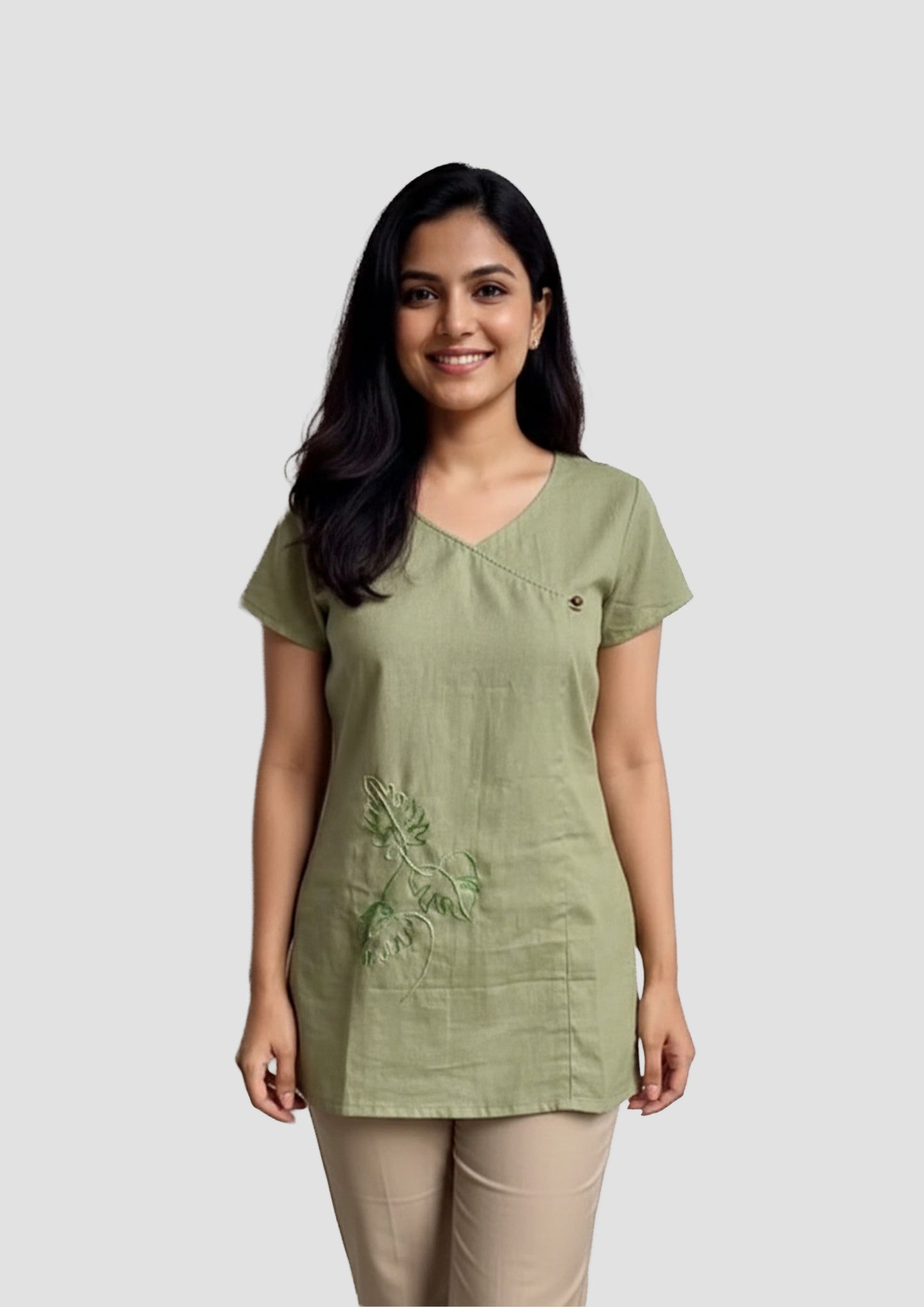 Women’s Olive Green Solid Cotton Top with Embroidered Detail