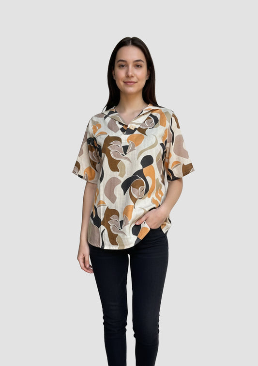 Women's Modern Abstract Print Short-Top – Earth Tones