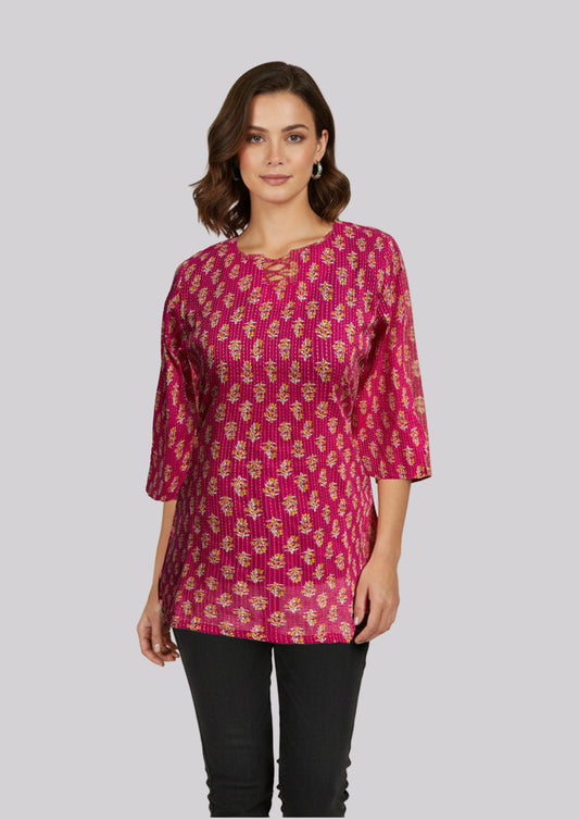 Red & Gold Block Print Cotton Tunic Top /ShortT Top with 3/4 Sleeves