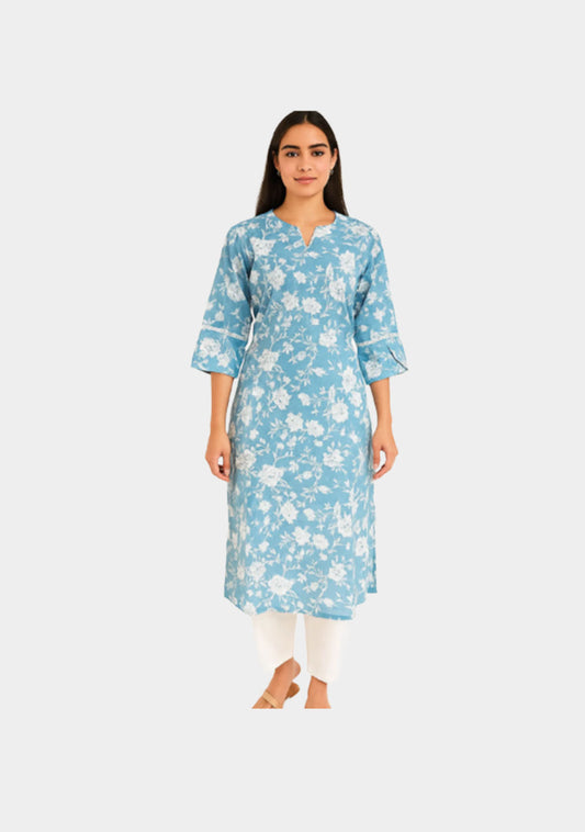 Women's Elegant Blue Floral Straight Kurta