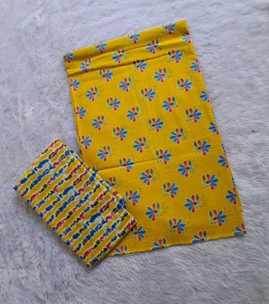 Women's yellow Floral & Ikat Cotton Dress Material Set