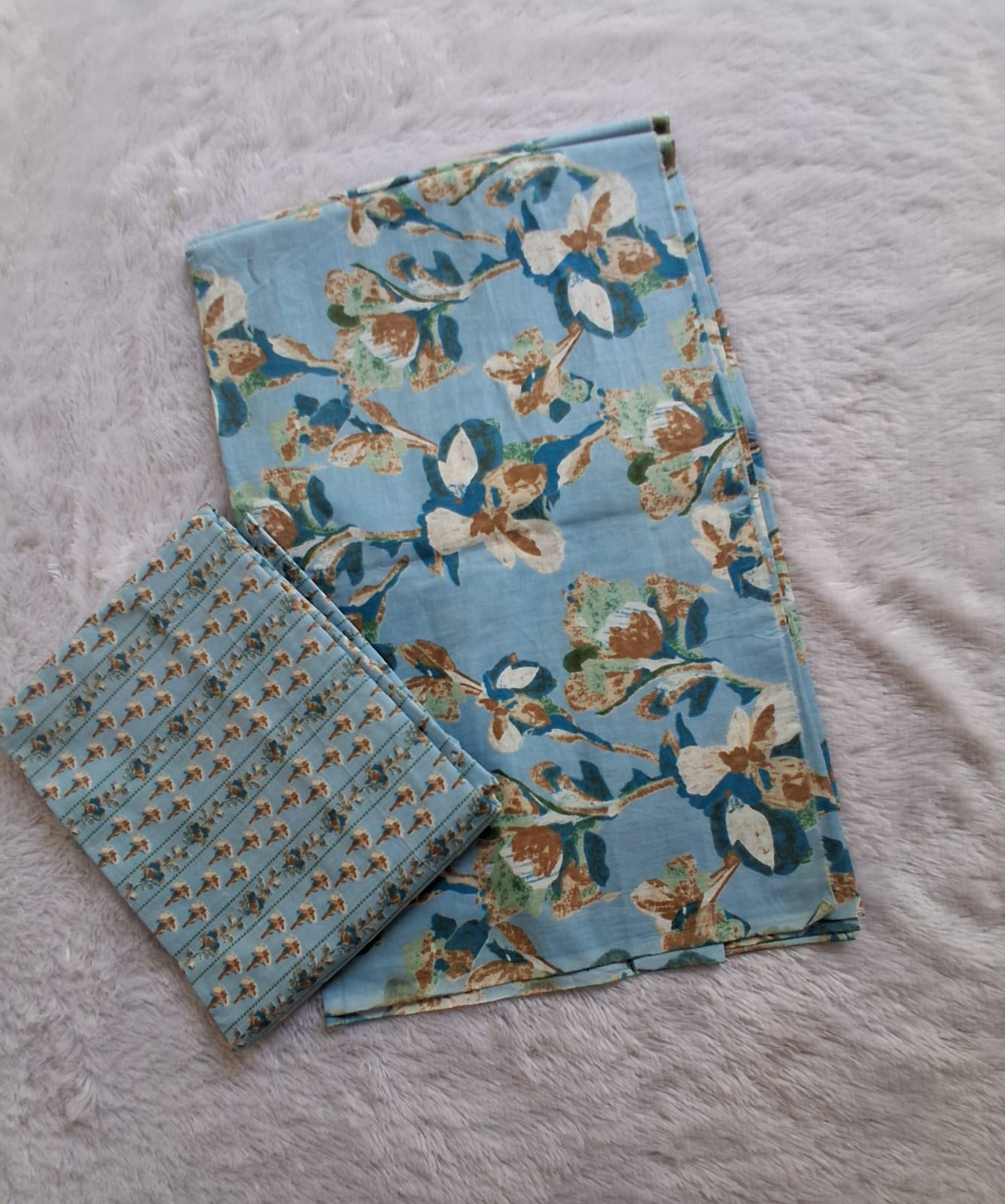 Women's  powder blue Floral & Geometric Cotton Dress Material Set