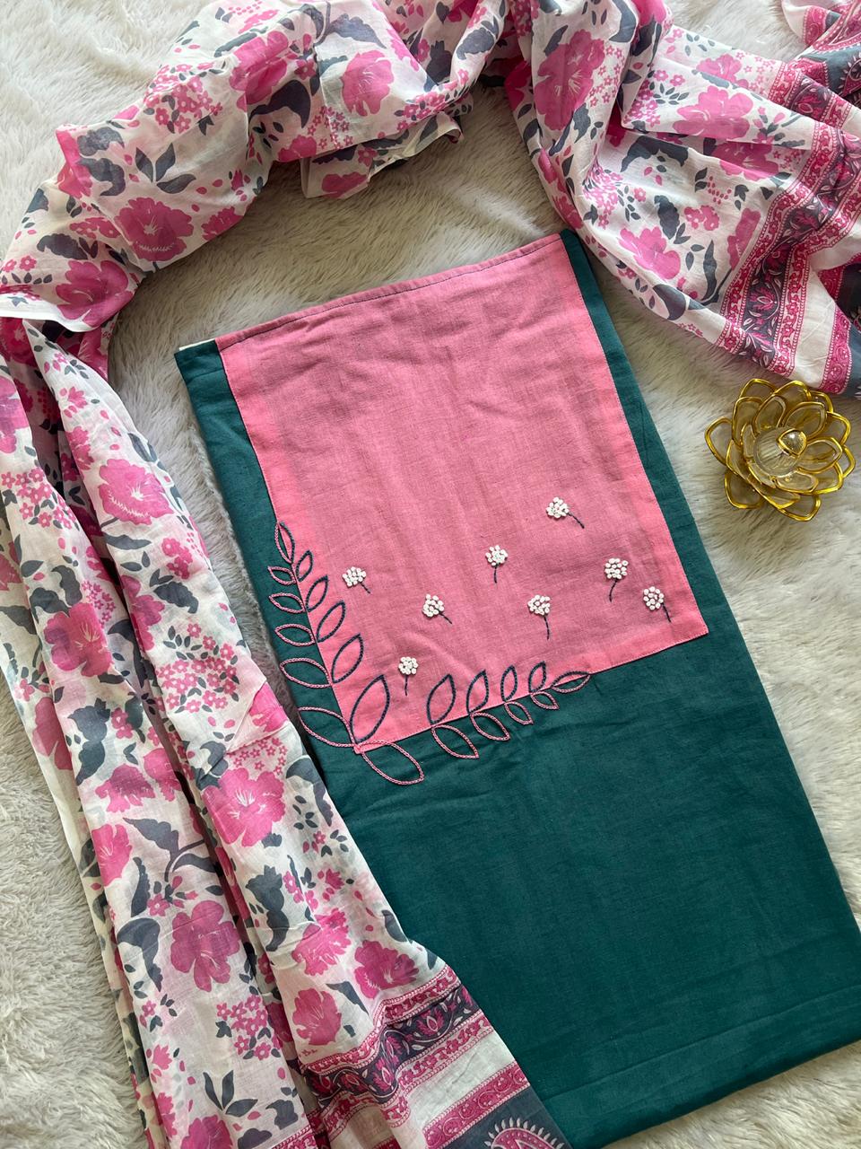 cotton hand embroidery kurta material fabrics with floral duptta set