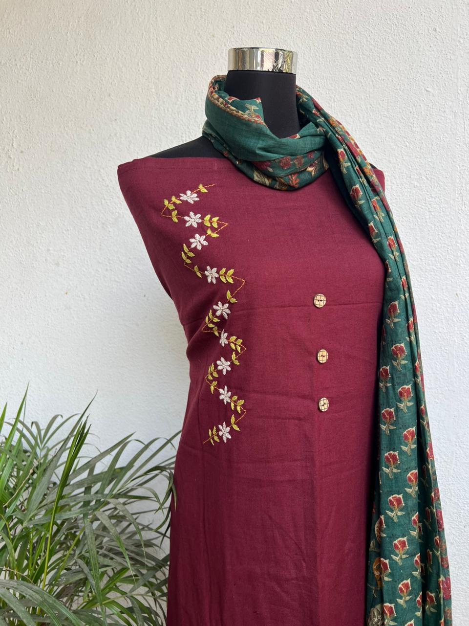 cotton hand embroidery kurta material fabrics with floral duptta set