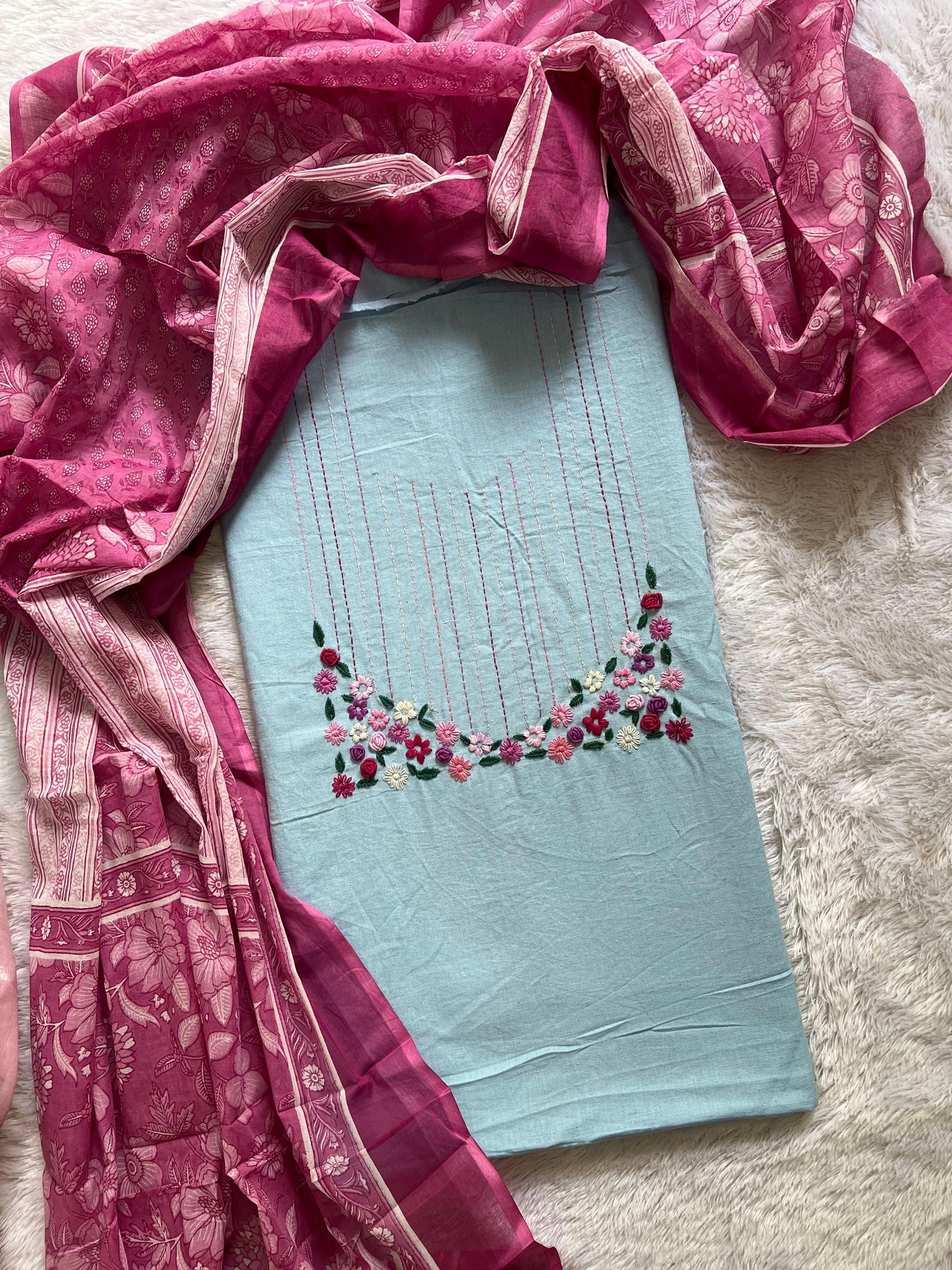 cotton hand embroidery kurta material fabrics with floral duptta set