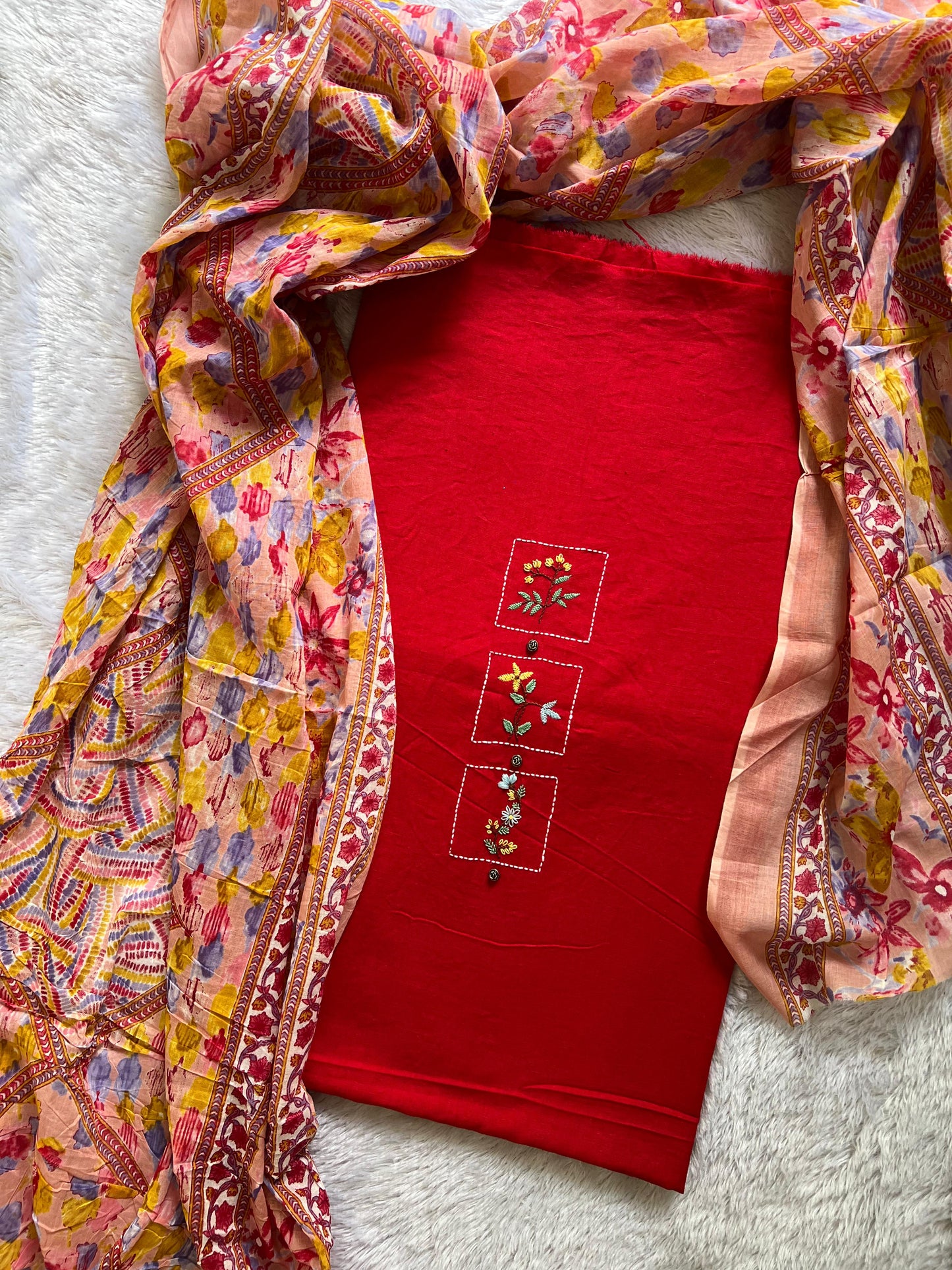 cotton hand embroidery kurta material fabrics with floral duptta set