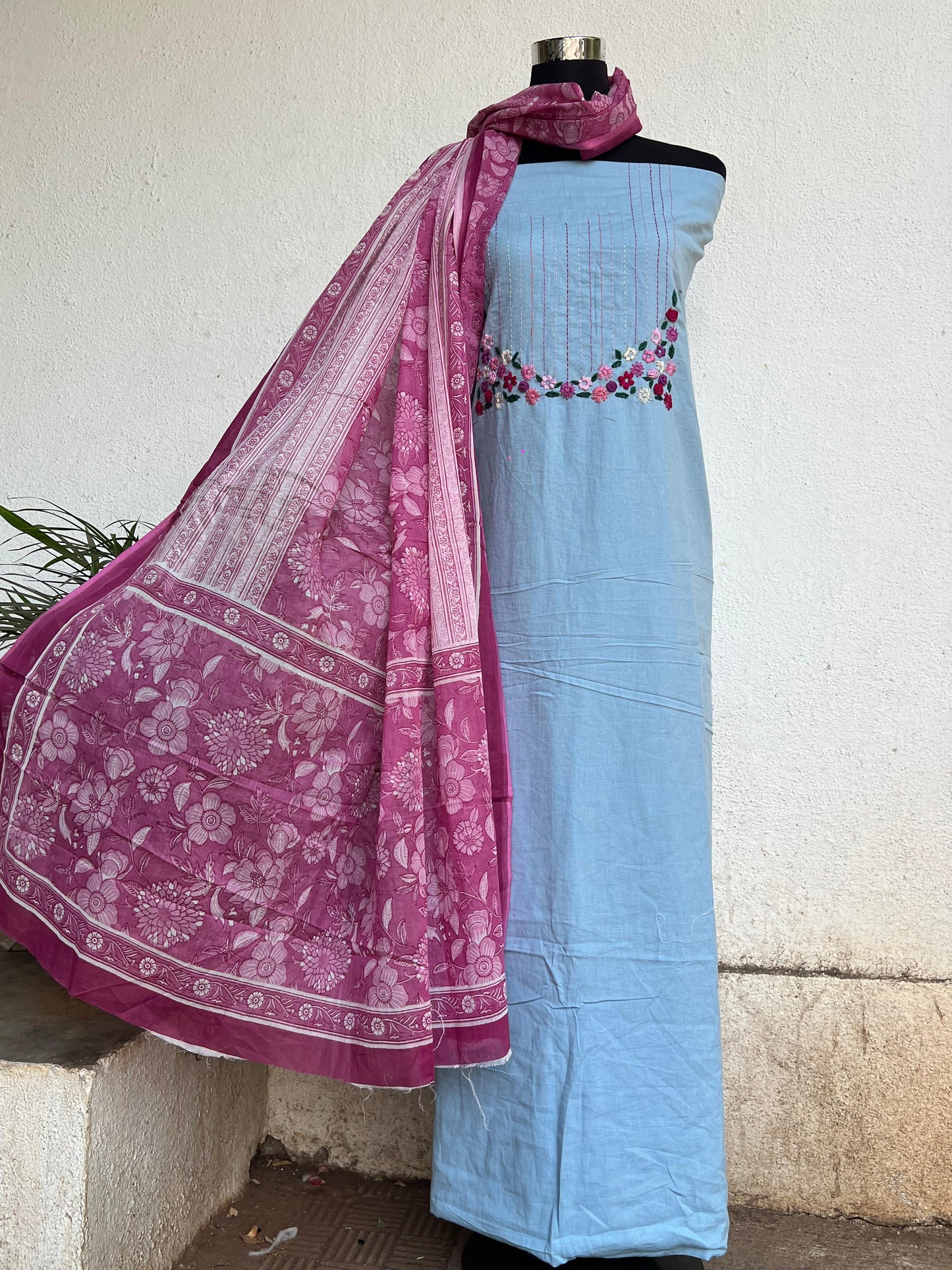 cotton hand embroidery kurta material fabrics with floral duptta set