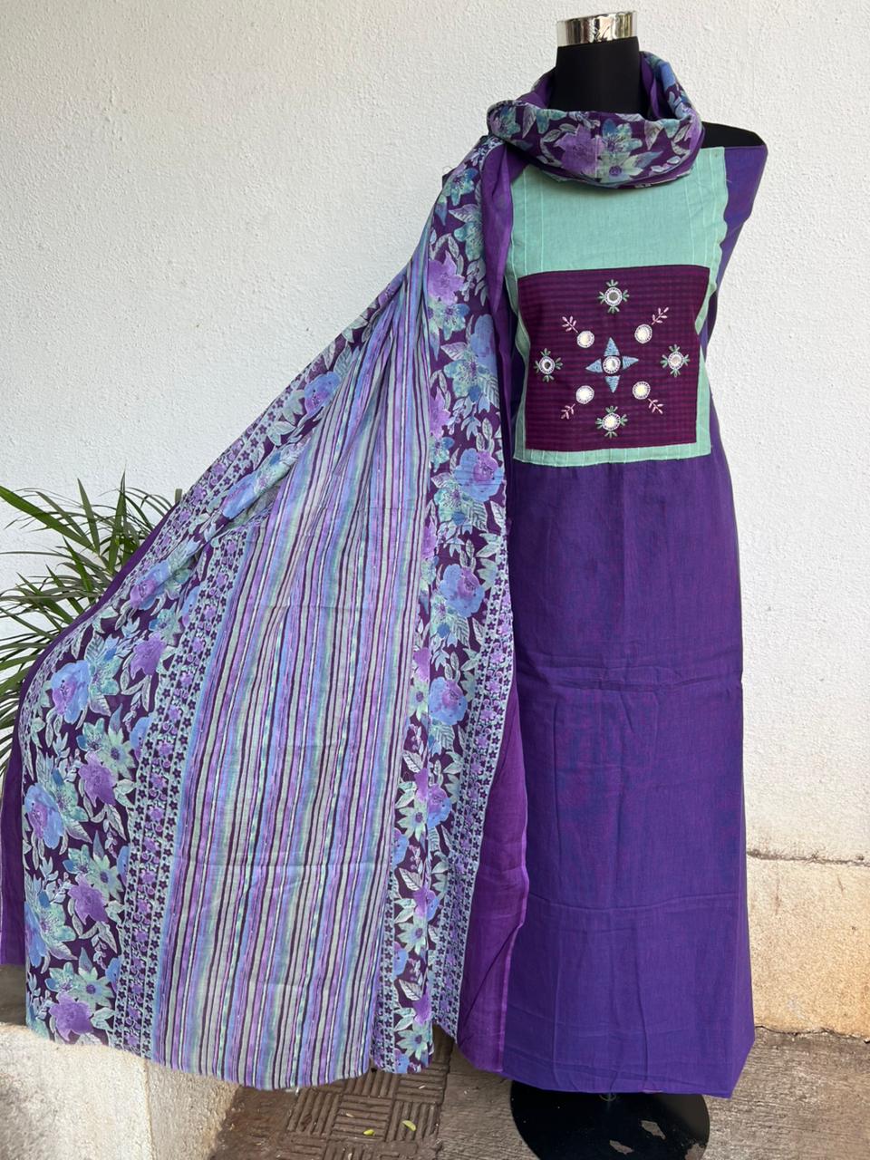 cotton hand embroidery kurta material fabrics with floral duptta set